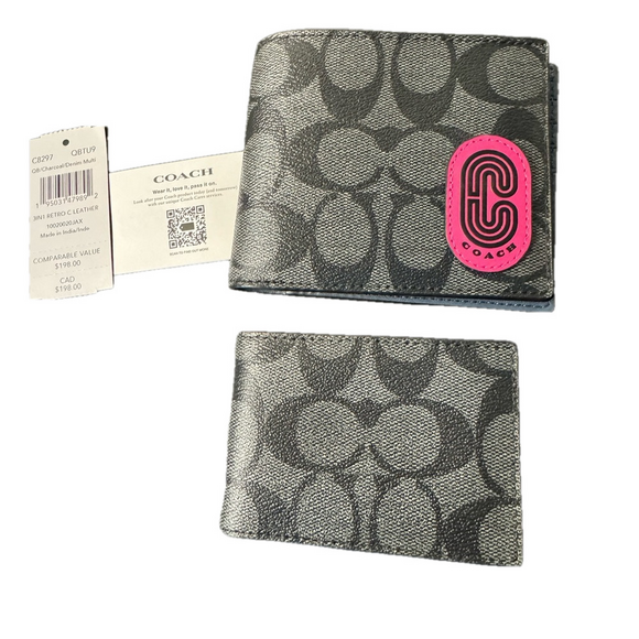 Coach NWT Signature Retro 3 In 1 Wallet Charcoal Denim Multi - Picture 1 of 12